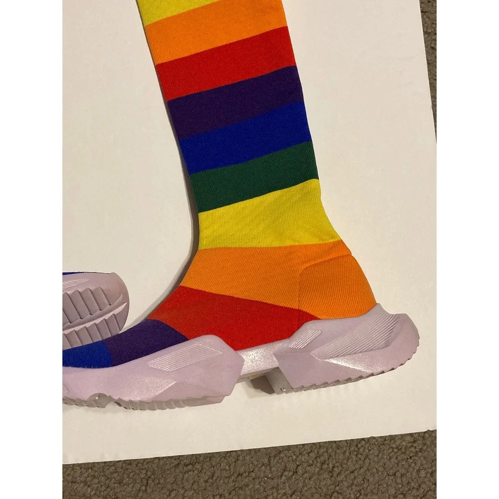Thrusters Rainbow Striped Thigh High Sock Boots Lavender Platform Sole‎ Size 36